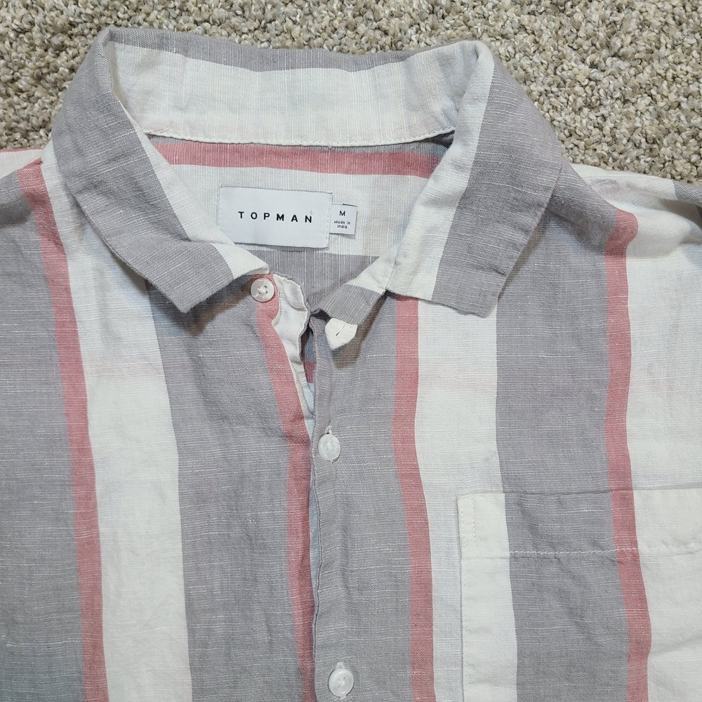 Topman Men's M Vertical Stripe Cotton-Linen Button Up Shirt - Red/Gray/Cream